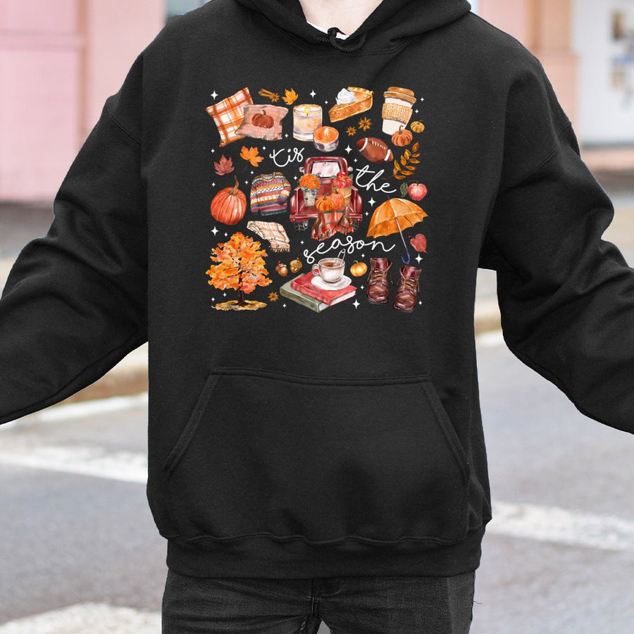 Tis The Season Fall Hoodie | Autumn Pumpkin Spice Graphic Sweatshirt | Premium Cotton-Blend Pullover | Cozy Thanksgiving Gift For Her
