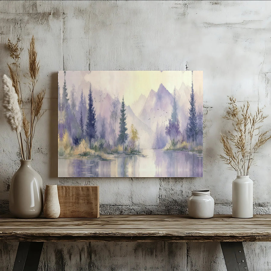 Misty Mountain Lake Canvas Wall Art | Watercolor Forest Landscape Painting | Premium Gallery Wrapped Canvas | Living Room & Bedroom Wall Decor Gift