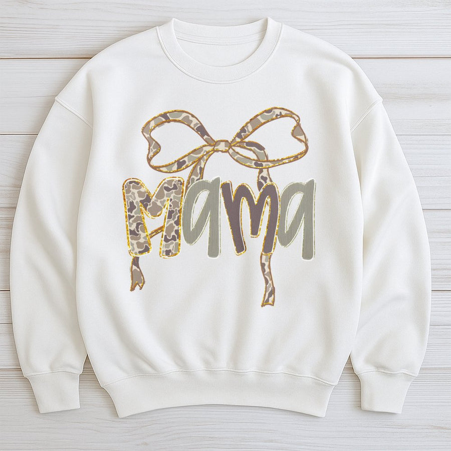 Mama Sweatshirt | Camo Bow Graphic Print | Premium Cotton Blend | Gift for Hunting Mom or Sports Fan