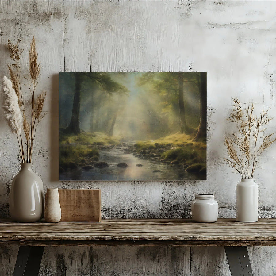 Misty Forest Landscape Canvas | Sunlight Beams Over Stream | Premium Gallery Wrap Wall Art | Nature Home Decor Gift