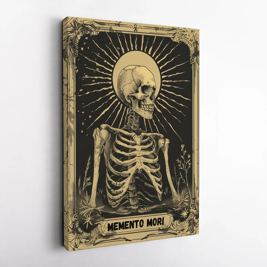 Memento Mori Tarot Canvas Print | Gothic Skeleton Sunburst Wall Art | Premium 1.25 Inch Gallery Wrap | Dark Academia Home Decor Gift