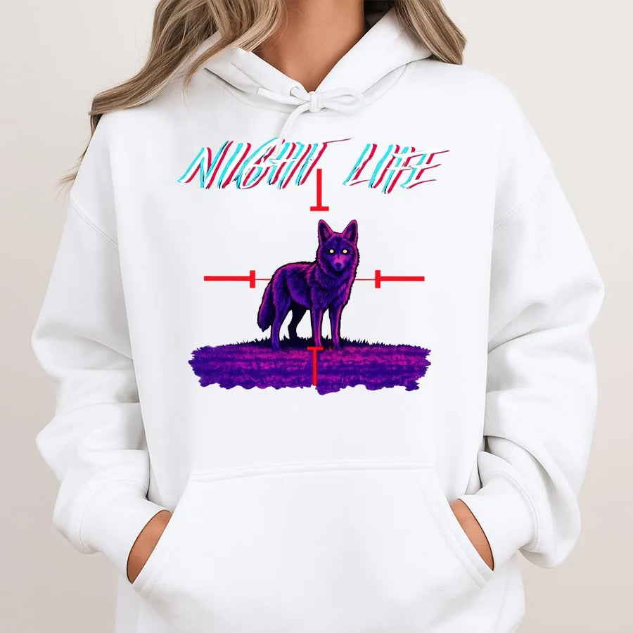 Night Life Wolf Hoodie | Neon Synthwave Crosshair Graphic | Cotton-Poly Blend Streetwear | Unisex Premium Gift for Wildlife Lovers