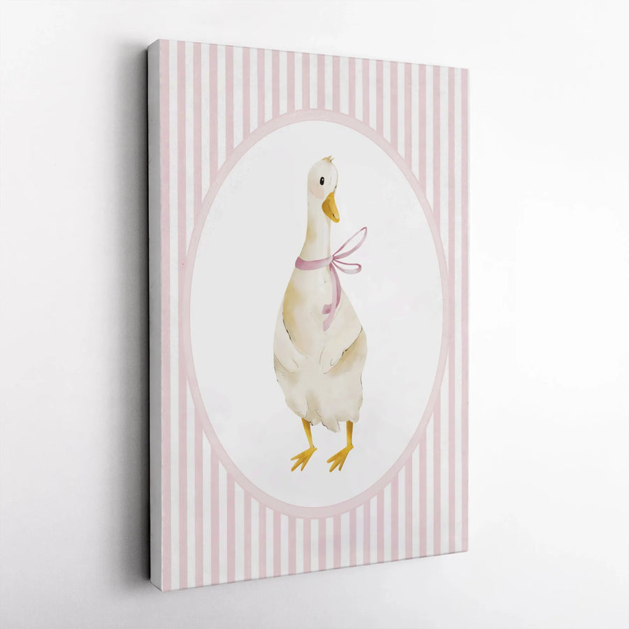 Watercolor Goose Canvas Wall Art | Cute Farm Animal with Pink Stripes | Premium Thick Gallery Canvas | Nursery Decor Gift for Baby Girl