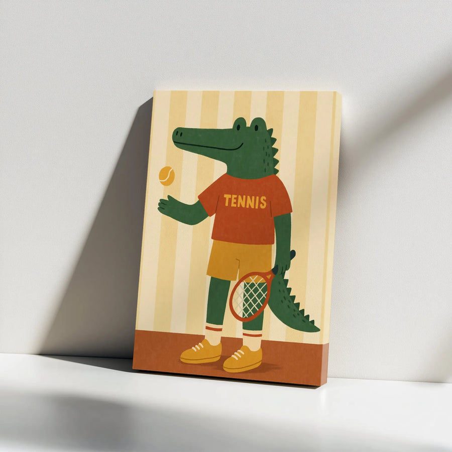 Alligator Tennis Player Canvas Print | Retro Cartoon Animal Sports Art | Premium Canvas with Fade-Resistant Inks | Unique Gift for Tennis Lovers & Kids Room Decor