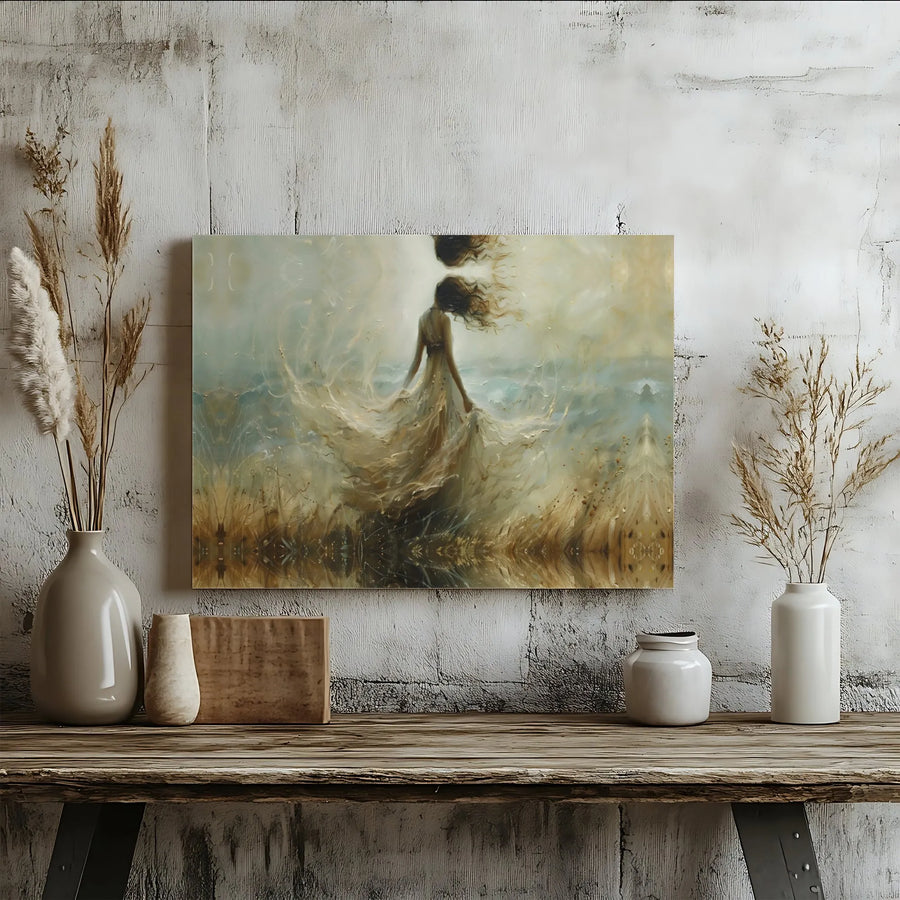 Ethereal Woman Canvas Wall Art | Flowing Dress Abstract Painting with Reflection | 1.25-Inch Gallery Wrap | Premium Home Decor Gift