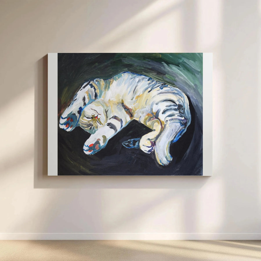 Sleeping White Tiger Canvas Wall Art | Painterly Animal Print Decor | Premium Gallery Wrapped Canvas | Gift for Nursery or Living Room