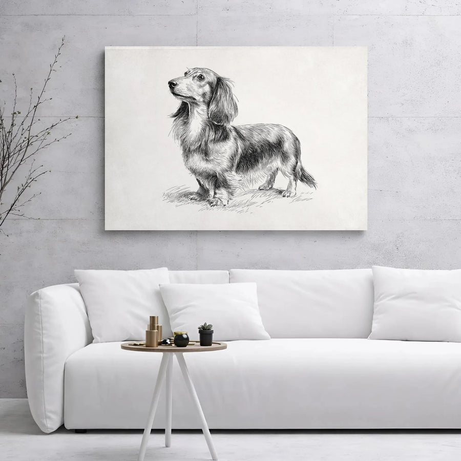 Long-Haired Dachshund Dog Wall Art | Vintage Pencil Sketch Print | 1.25 Inch Gallery Wrap Canvas | Premium Dog Lover Home Decor Gift