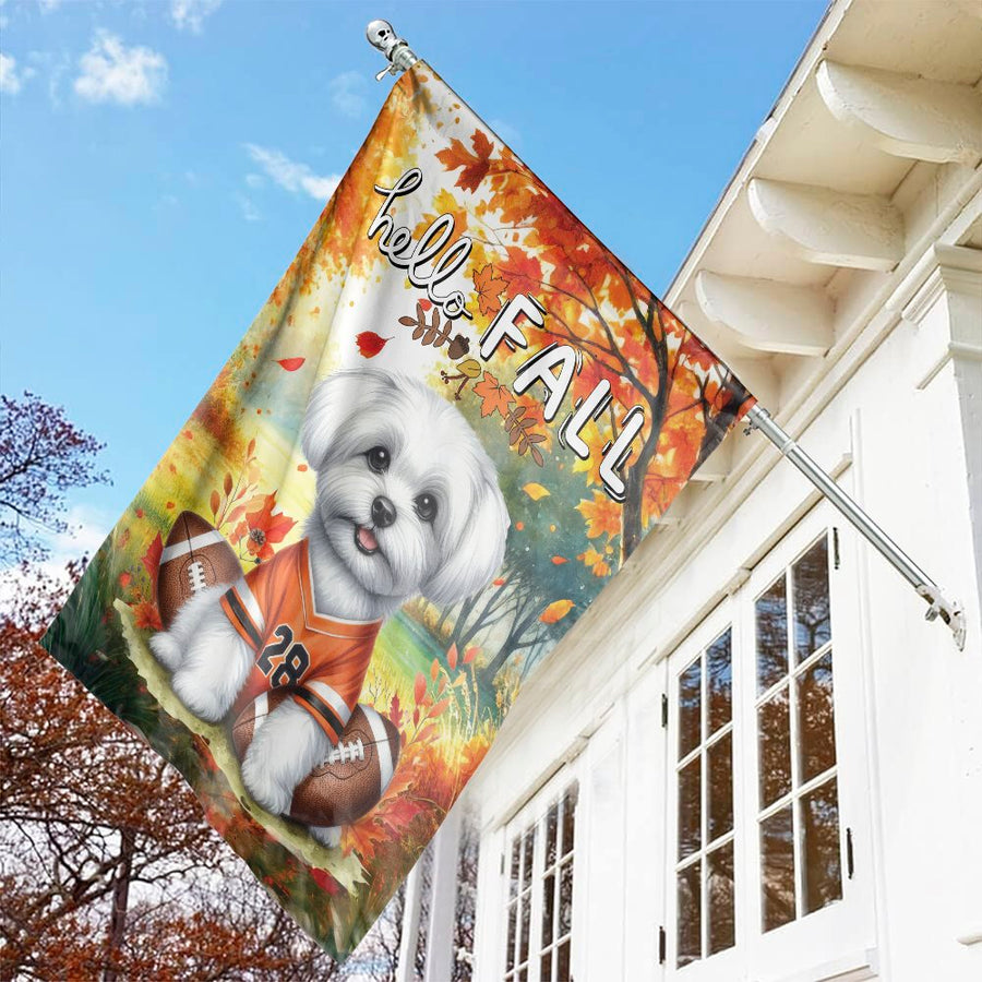 Maltese Garden Flag | Hello Fall Football Design | Weather-Resistant Premium Polyester | Autumn Decor Gift for Dog Lovers