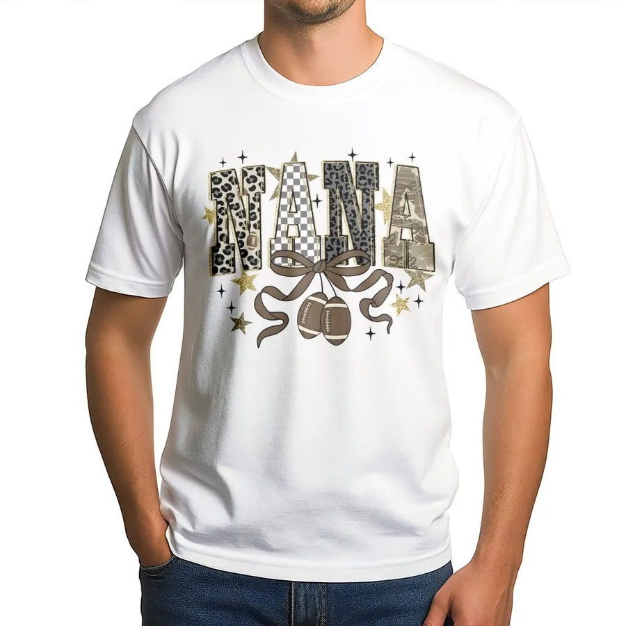 Nana Football T-Shirt | Preppy Leopard Print Bow Design | Premium Soft Cotton | Cute Game Day Gift for Grandma