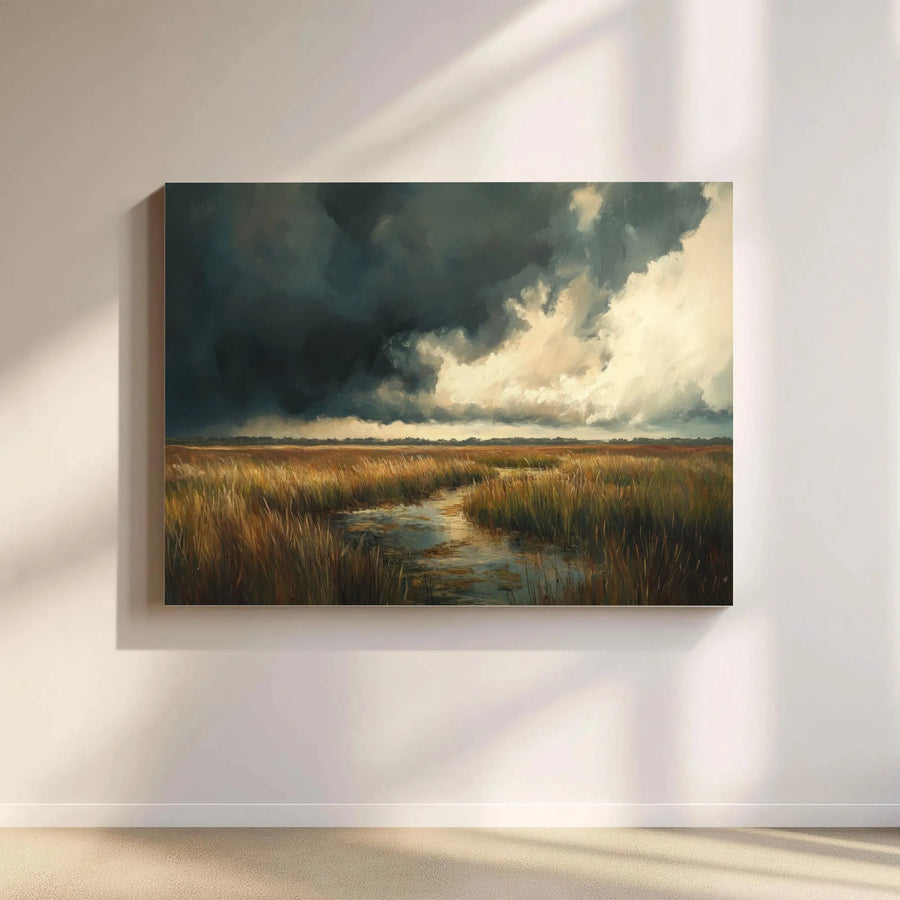 Stormy Marshland Oil Painting Canvas | Moody Winding Creek Landscape | Premium Gallery Wrap Wall Art | Rustic Nature Home Decor Gift