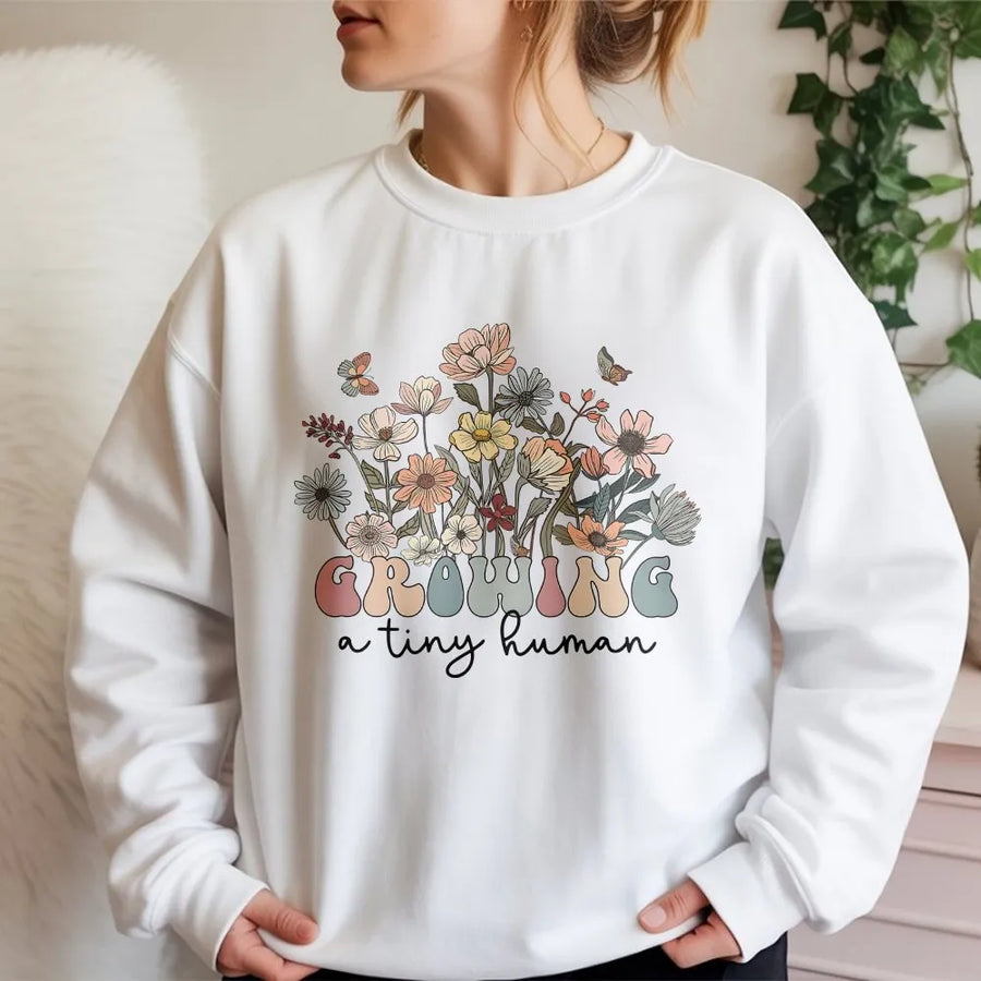 Growing A Tiny Human Sweatshirt | Retro Wildflower Pregnancy Announcement | Cozy Cotton Blend | Premium Mom To Be Gift