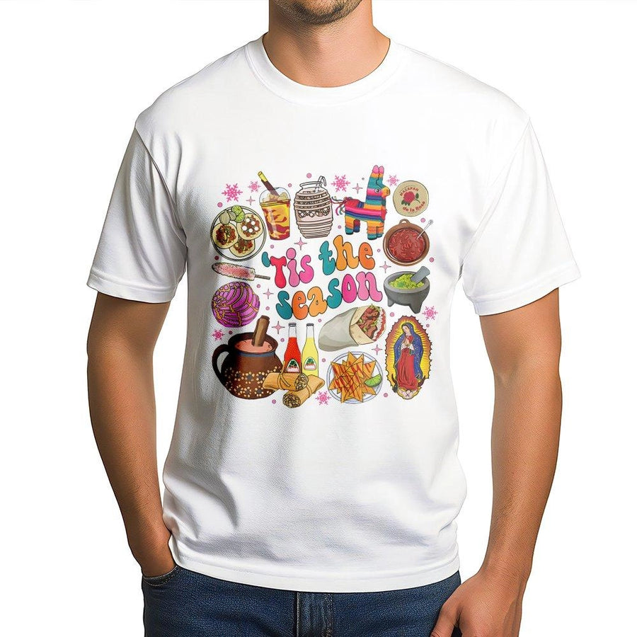 Mexican Christmas T-Shirt | Tis The Season Food Graphic | 100% Cotton Premium Tee | Cultural Holiday Gift For Latinx Heritage Lovers