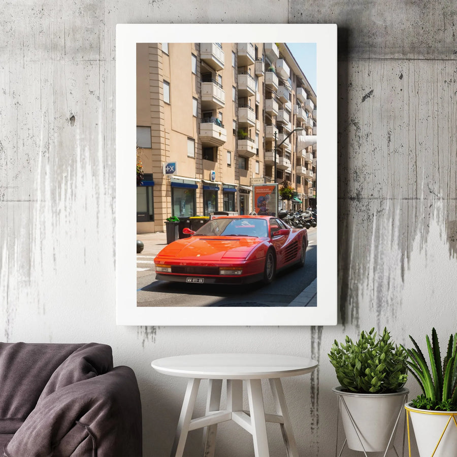 Vintage Red Sports Car Canvas Wall Art | 80s Italian Supercar Street Photography | Premium Gallery-Wrapped Print | Automotive Decor for Men