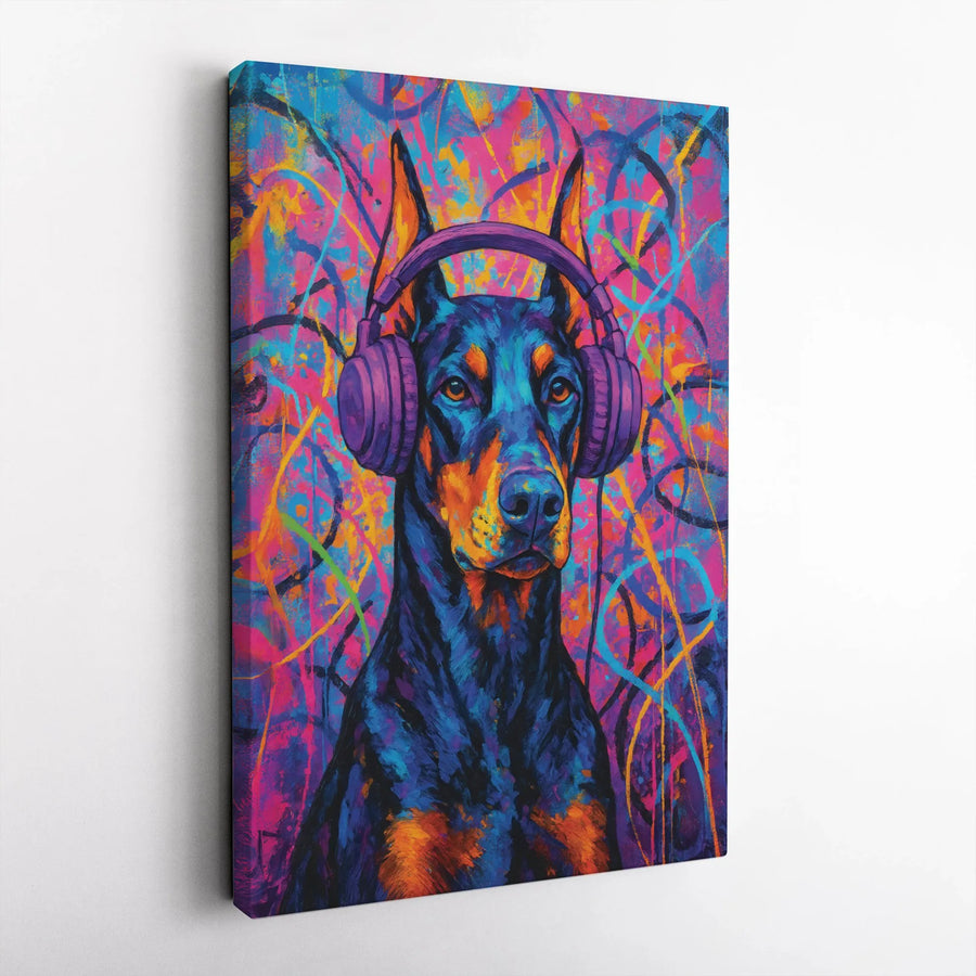 Doberman Wall Art Canvas | Colorful Pop Art Graffiti Music Dog Decor | Premium Gallery Wrap Print | Modern Gift For Dog Lovers