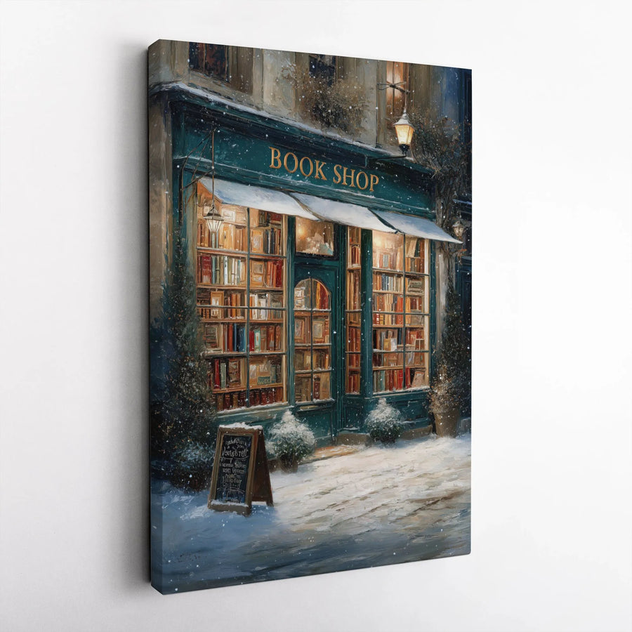 Cozy Book Shop Canvas Wall Art | Snowy Winter Street Scene Print | Premium Gallery Wrap Decor | Gift for Readers & Book Lovers