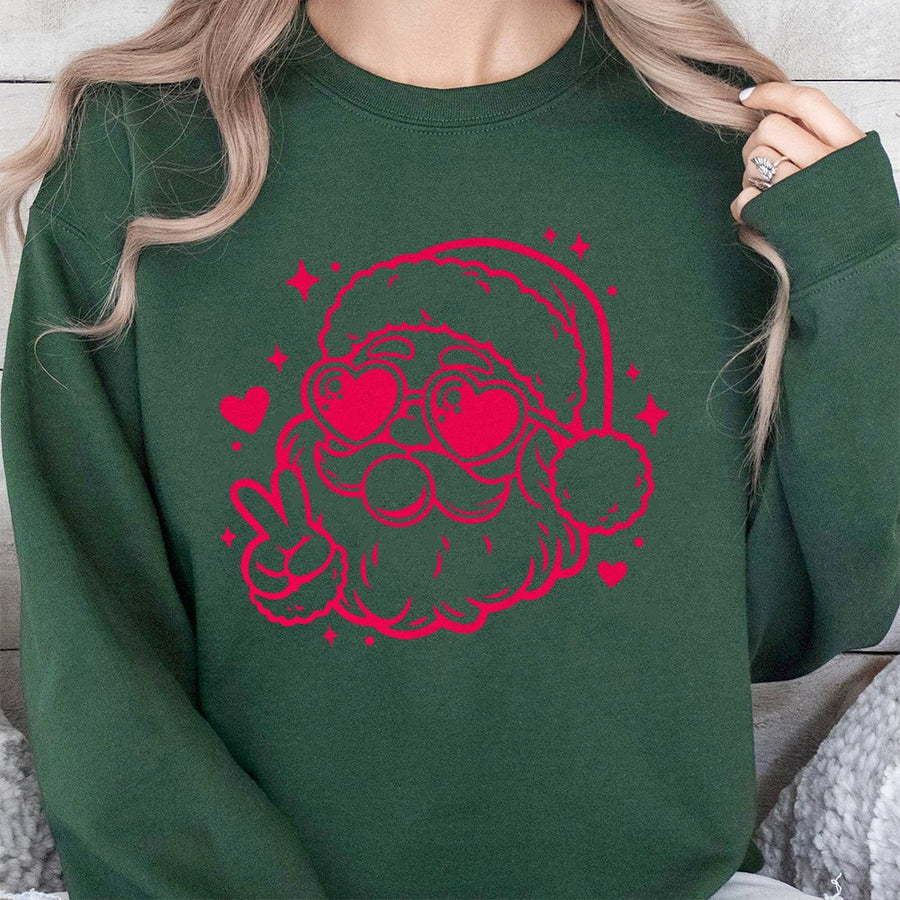 Santa Claus Sweatshirt | Peace Sign Heart Glasses Graphic | Premium Cotton Blend | Funny Christmas Holiday Gift for Women and Men