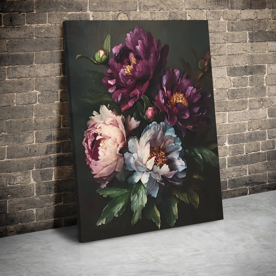 Moody Peony Floral Canvas Print | Dark Botanical Oil Painting Wall Art | Premium Gallery-Wrapped Decor | Elegant Gift for Flower Lovers