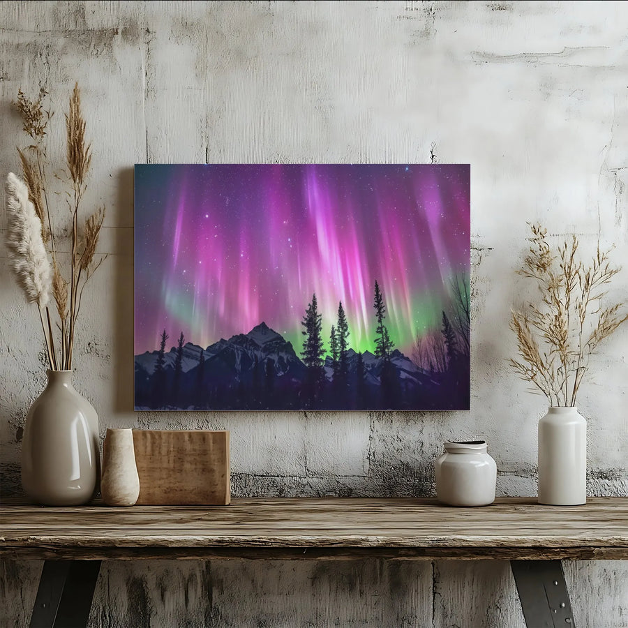 Aurora Borealis Canvas Wall Art | Northern Lights Mountain Forest Landscape | Gallery Wrapped Premium Decor | Nature Lover Gift for Home Office