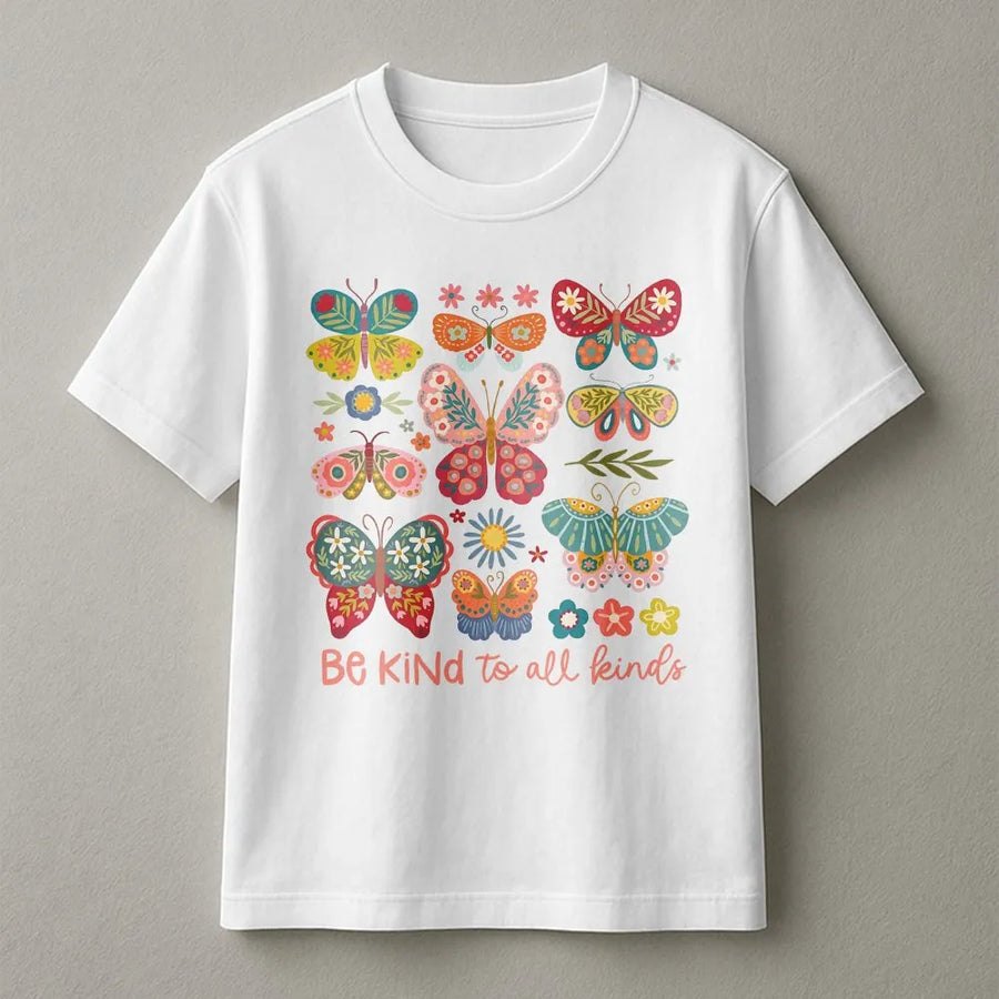 Be Kind To All Kinds Butterfly Shirt | Boho Folk Art Graphic Tee | Soft 100% Cotton | Inspirational Kindness Gift for Women