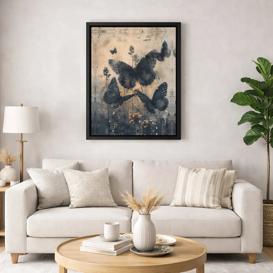 Butterfly Wall Art Canvas | Abstract Dark Floral Gold Splatter Print | Gallery-Quality 1.25 Inch Profile | Elegant Home Decor Gift For Nature Lovers