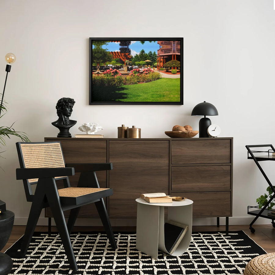 Landscaped Garden Canvas Print | Summer Patio and Pergola Landscape | 1.25-Inch Gallery-Wrapped Wall Art | Nature Home Decor for Living Room