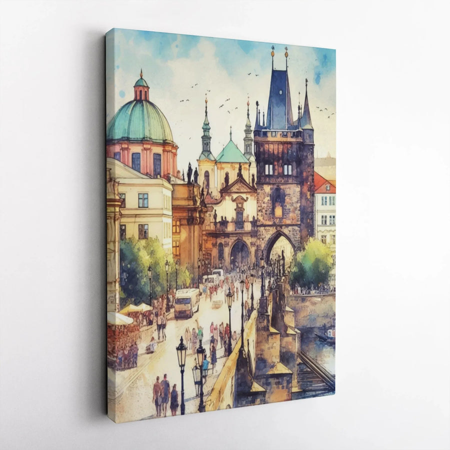 Prague Cityscape Vertical Canvas | Watercolor Charles Bridge Painting | Premium Gallery Wrap Art | European Travel Gift for Living Room Decor
