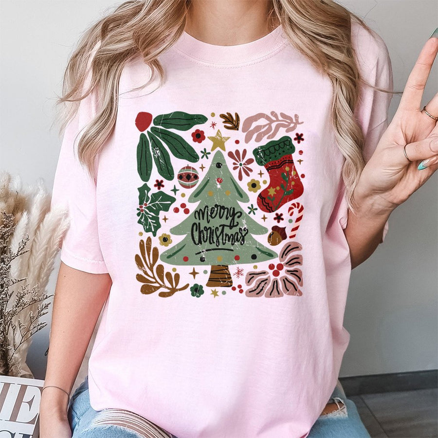 Merry Christmas Tree T-Shirt | Vintage Botanical Holiday Illustration | Premium 100% Cotton | Cute Festive Graphic Tee Gift for Him and Her