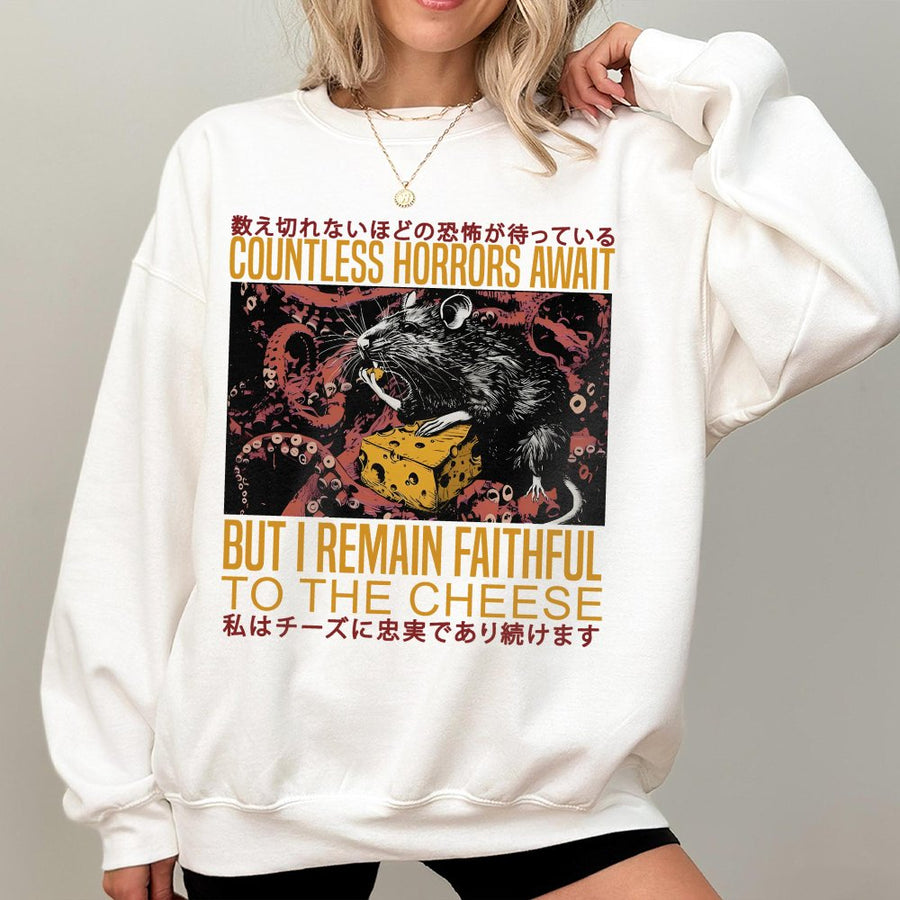 Rat Horror Graphic Sweatshirt | Japanese Text Cheese Design | Premium Cotton Blend | Unisex Streetwear Gift for Weirdcore Aesthetic Fans
