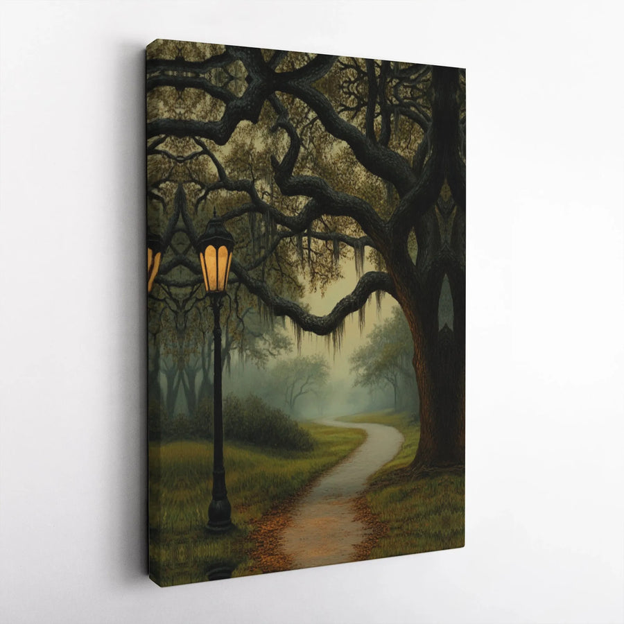 Southern Oak Tree Canvas Art | Winding Path Landscape Wall Decor | Gallery Wrapped Premium Print | Moody Home Office Gift