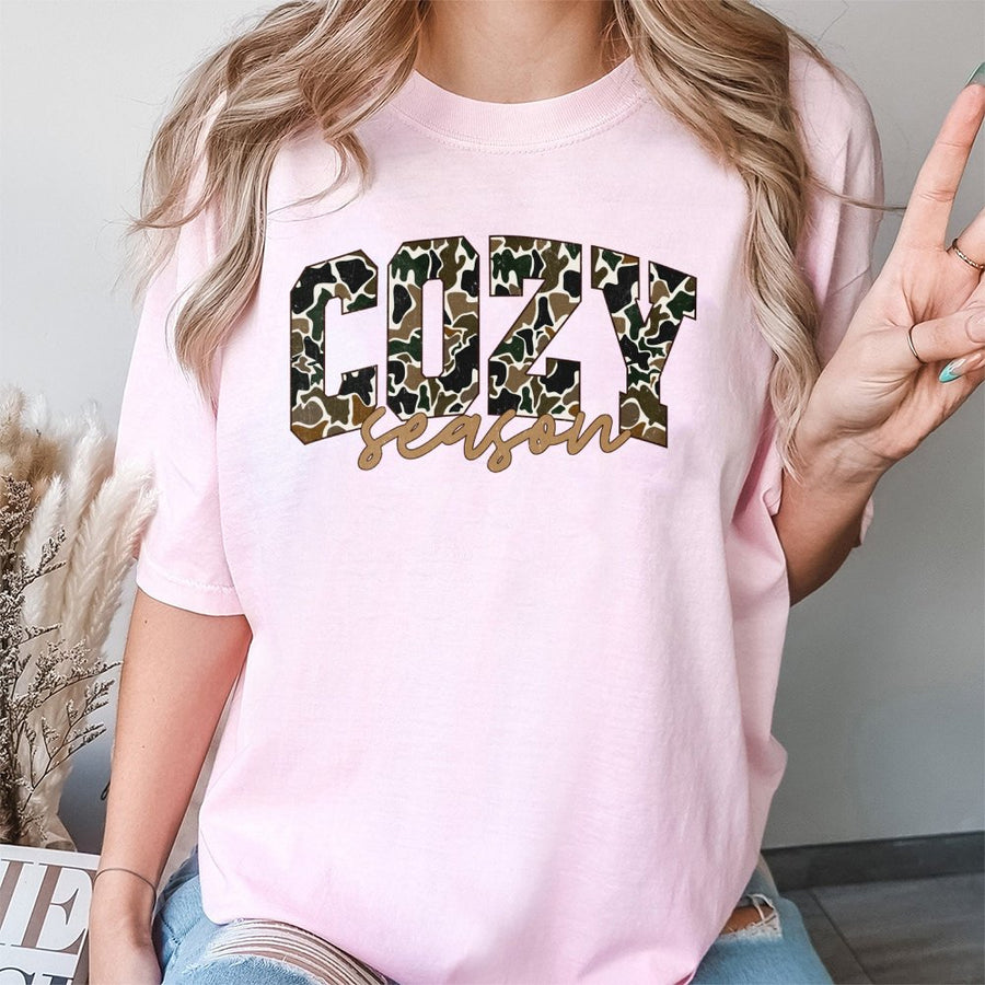 Cozy Season Camo T-Shirt | Fall Aesthetic Varsity Lettering | 100% Cotton Premium Tee | Autumn Gift for Women & Country Style Lovers