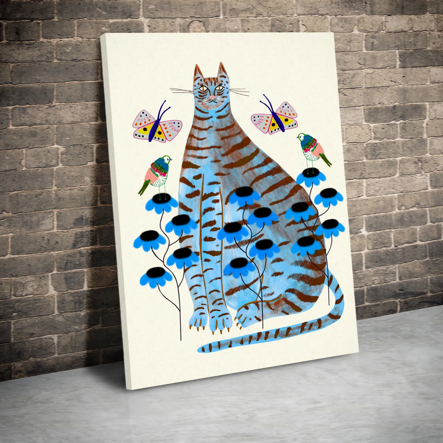 Blue Cat Wall Art | Whimsical Tiger Pattern with Flowers and Birds | Premium Gallery Canvas | Nature Lover Gift for Living Room Decor