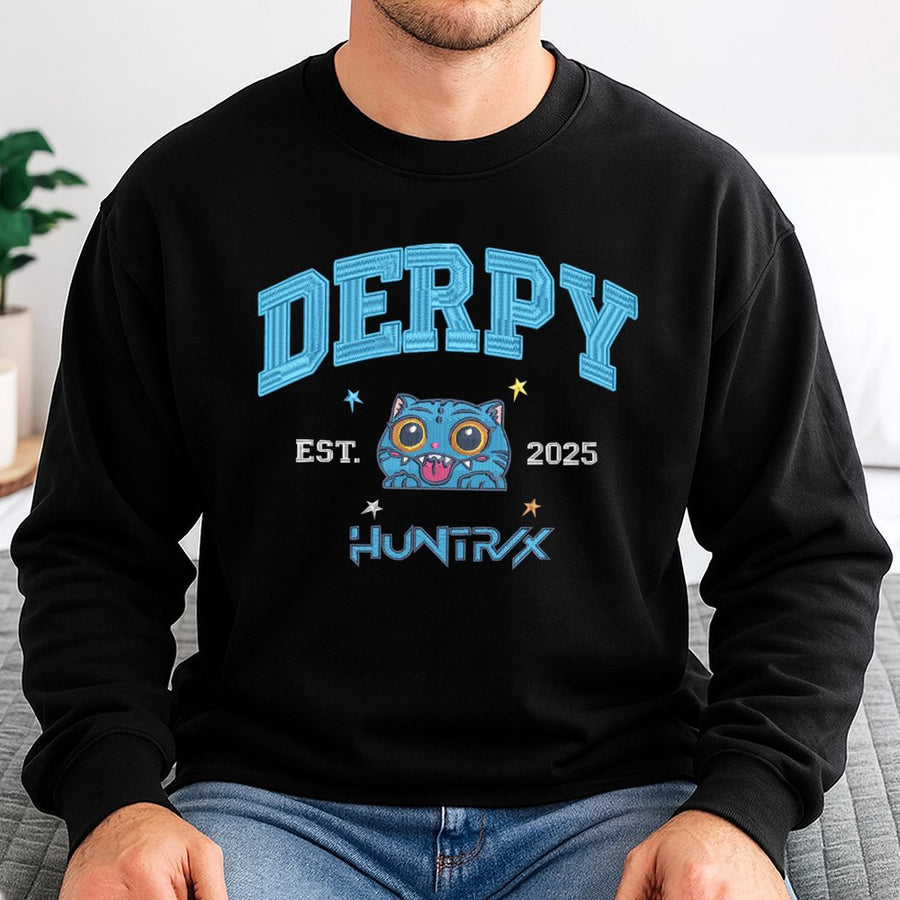 Derpy Cat Varsity Sweatshirt | Funny Cartoon Animal Graphic | Premium Cotton Blend | Quirky Gift for Animal Lovers and Retro Style Fans