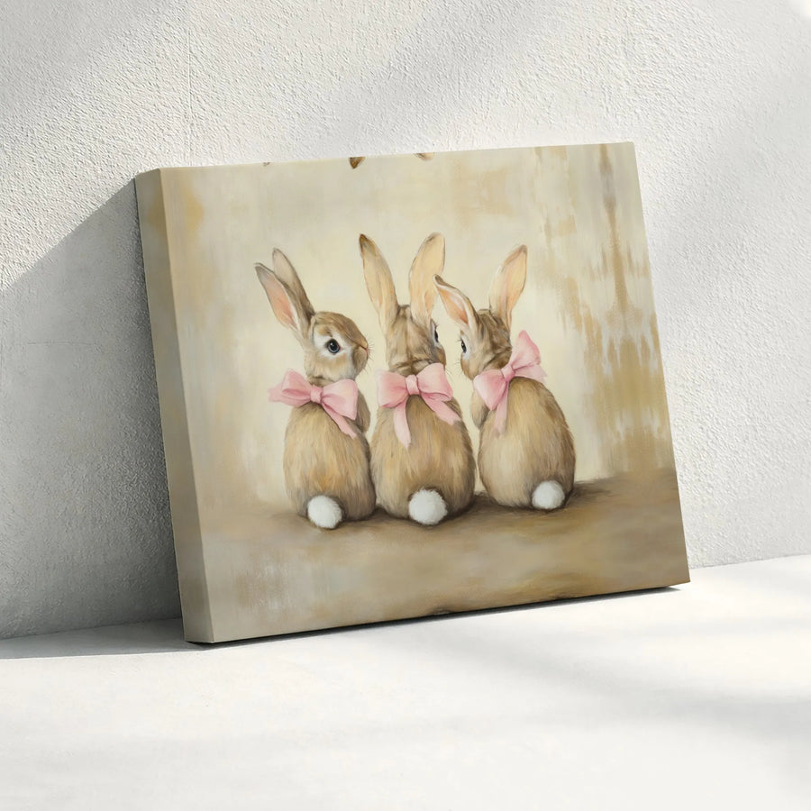 Bunny Rabbit Canvas Wall Art | Three Cute Bunnies with Pink Bows | Premium Gallery Wrapped Canvas | Nursery Room Decor Gift for Girl