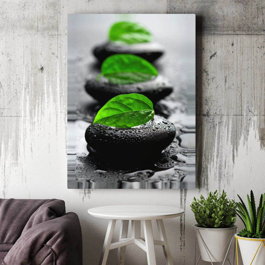 Zen Stones Canvas Wall Art | Green Leaf on Wet Black Rocks Print | Premium Gallery Wrap Canvas | Spa Decor & Yoga Studio Gift for Meditation Room