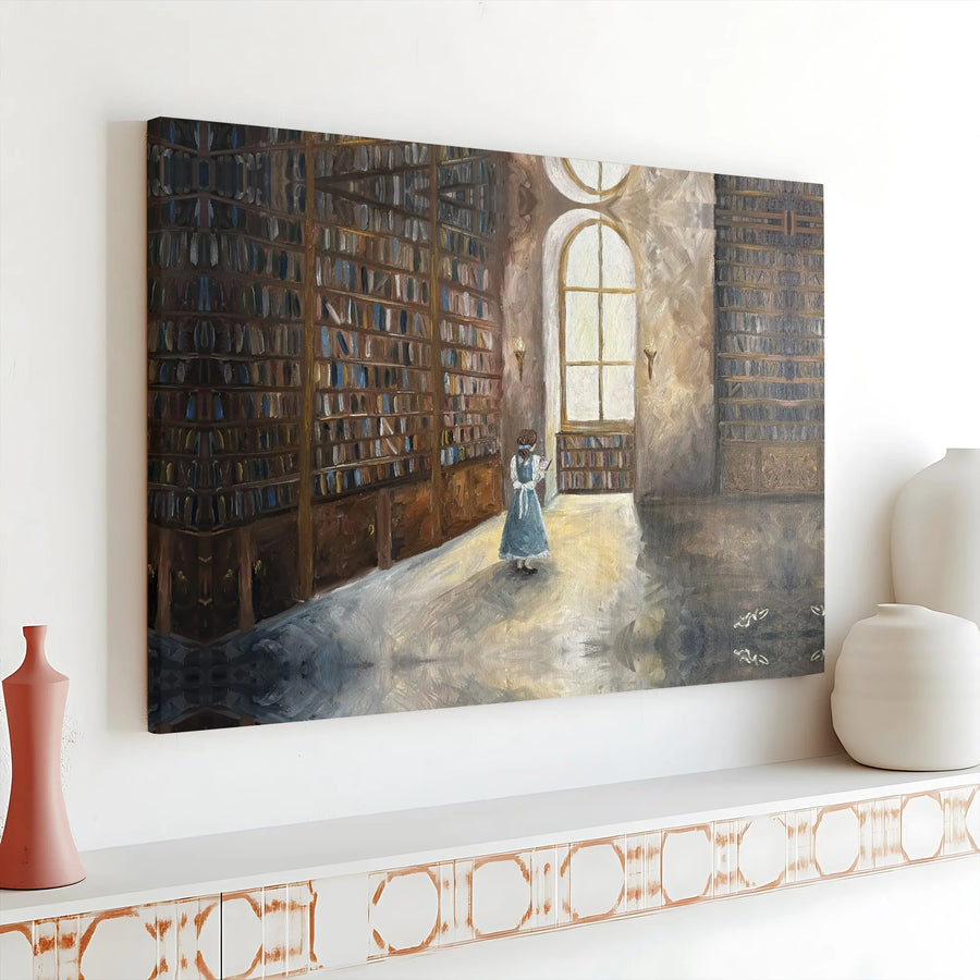 Light Academia Library Canvas Wall Art | Girl Reading In Sunlit Library Print | Premium Gallery Wrapped Decor | Book Lover Aesthetic Gift For Her