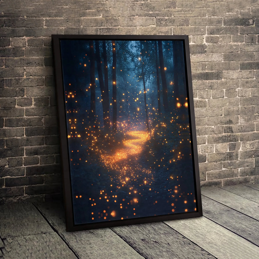 Enchanted Forest Canvas Art | Magical Glowing Fireflies Path | Premium Gallery-Wrapped Print | Whimsical Nature Wall Decor for Living Room