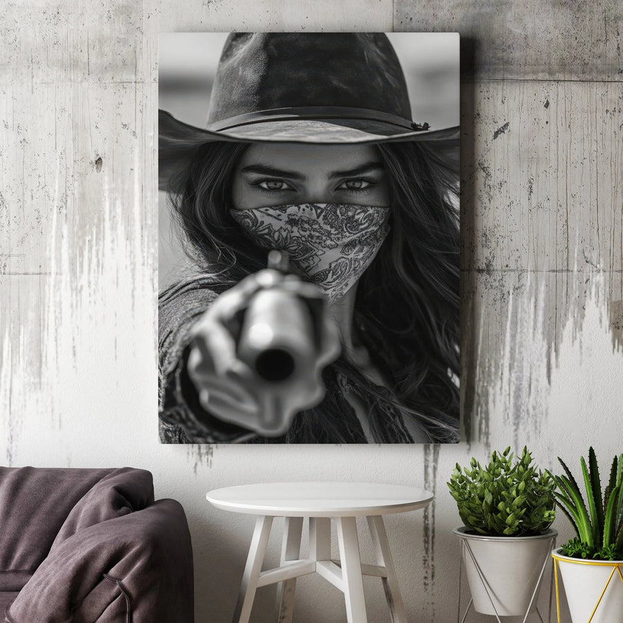 Cowgirl Outlaw Wall Art | Black and White Western Portrait | Gallery Wrapped Premium Canvas | Edgy Rustic Decor for Office or Living Room