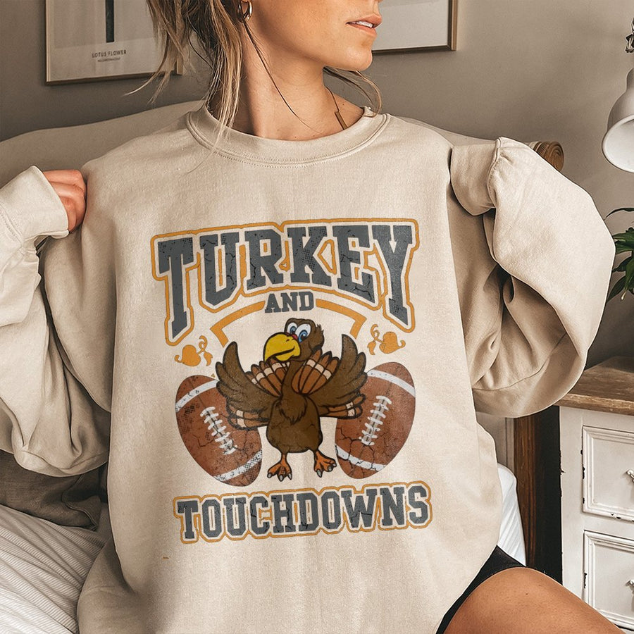 Turkey and Touchdowns Sweatshirt | Funny Thanksgiving Football Design | Premium Cotton Blend | Gift for Football Fans and Thanksgiving Lovers