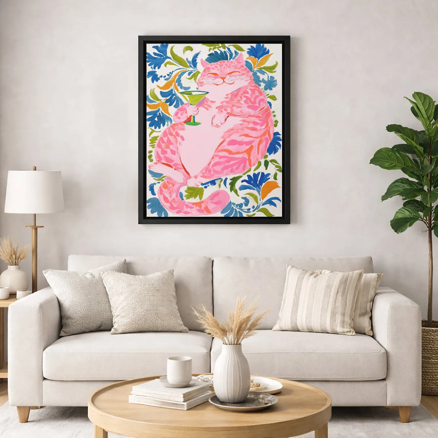 Pink Cat Drinking Martini Canvas Wall Art | Whimsical Floral Animal Portrait | Premium Gallery-Wrapped Print | Colorful Home Decor Gift