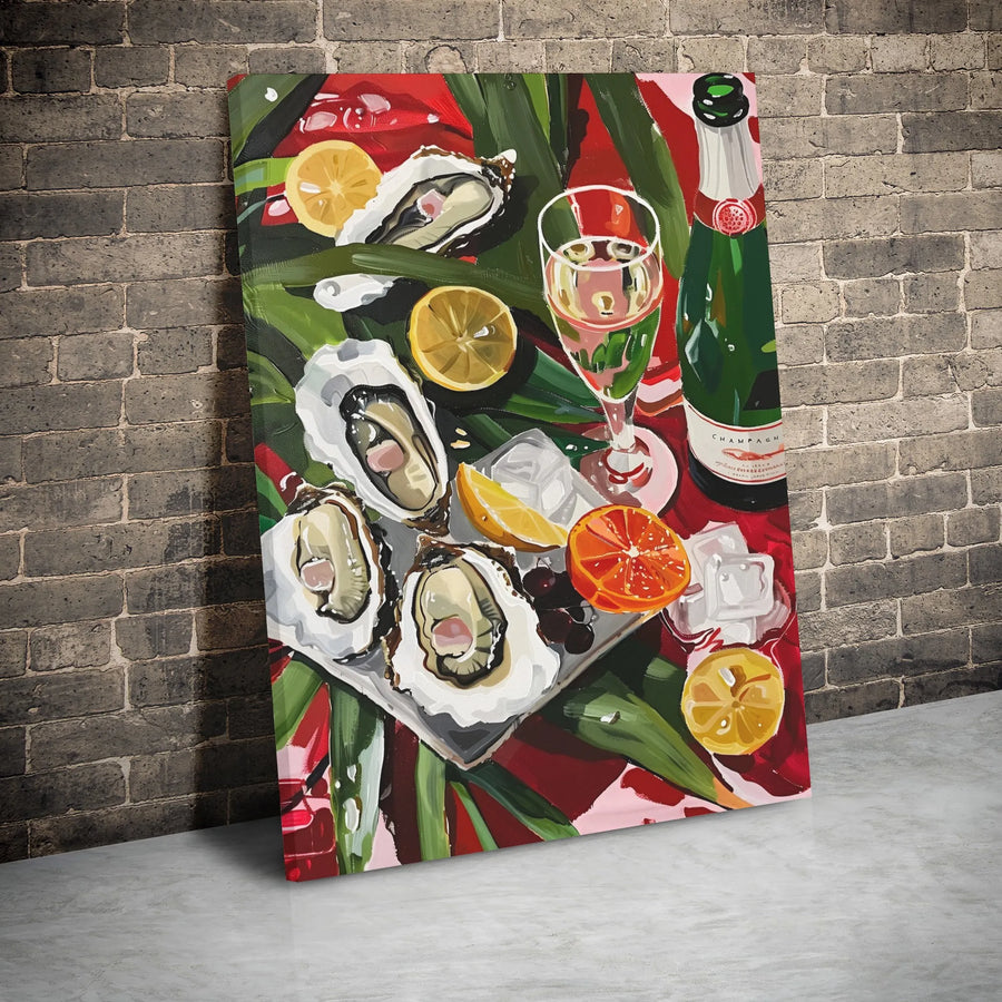 Oysters and Champagne Canvas Art | Still Life Kitchen Wall Decor | Premium Gallery Wrap Print | Elegant Dining Room Gift for Foodies