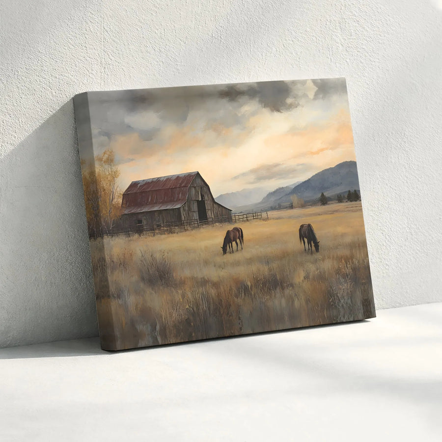 Rustic Barn Canvas Wall Art | Horses in Meadow Painting Print | Premium Gallery Wrapped Canvas | Farmhouse Country Decor Gift