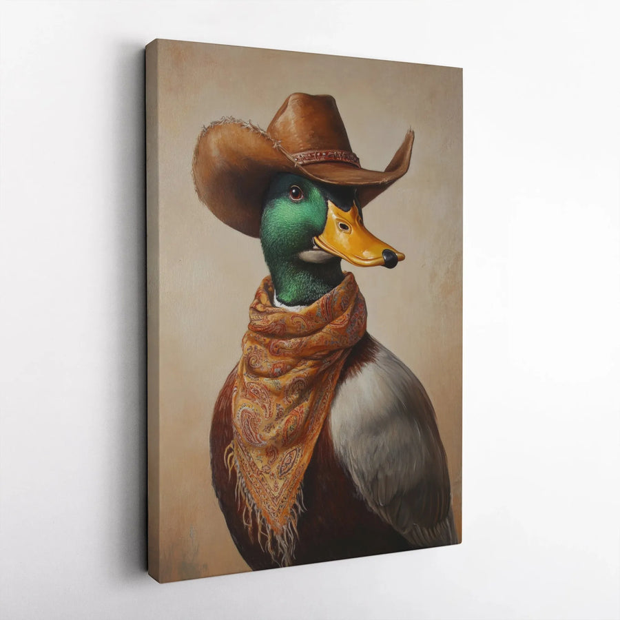 Cowboy Duck Canvas Wall Art | Mallard Bird Western Decor | Premium Gallery Wrap Print | Quirky Rustic Home Office Gift
