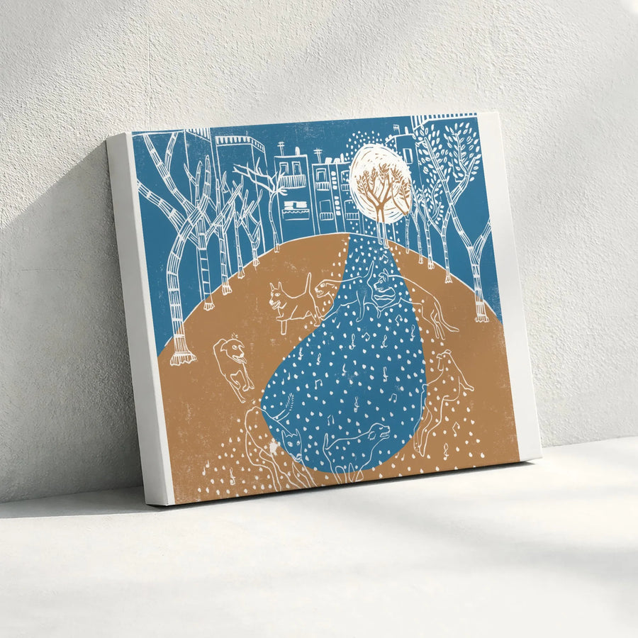 Folk Art Dogs Canvas Print | Musical Night Dog Park Scene | Premium Gallery Wrapped Canvas | Unique Home Decor Gift for Dog Lover