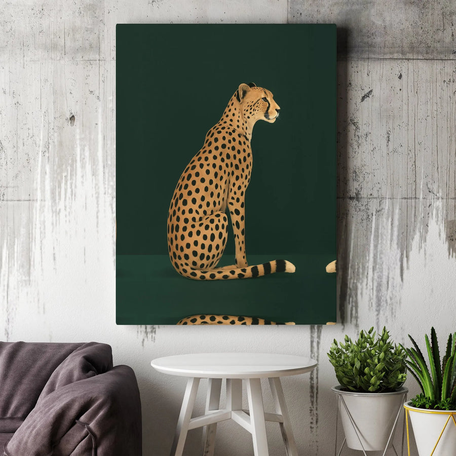 Sitting Cheetah Canvas Print | Dark Green Wildlife Wall Art | Premium Fade-Resistant Gallery Wrap | Modern Home Decor Gift