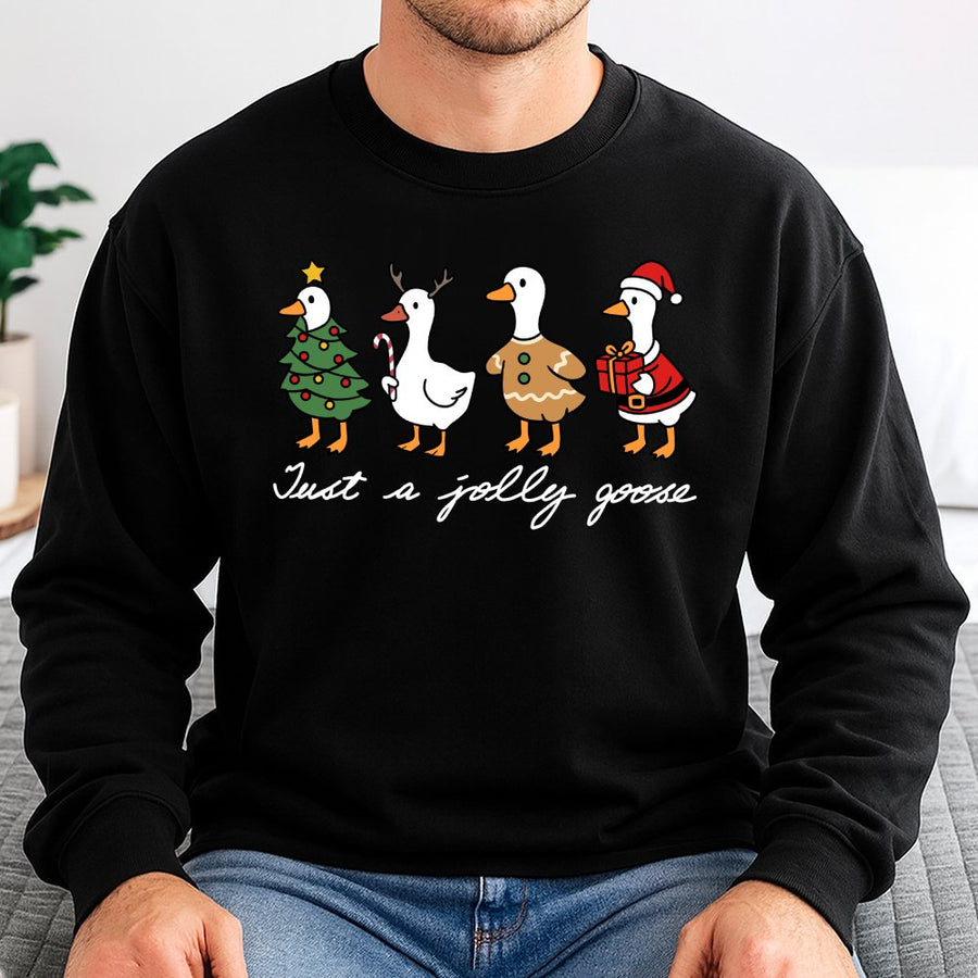 Just A Jolly Goose Sweatshirt | Festive Christmas Duck Graphic | Unisex Cotton Blend Pullover | Cute Holiday Gift For Bird Lovers