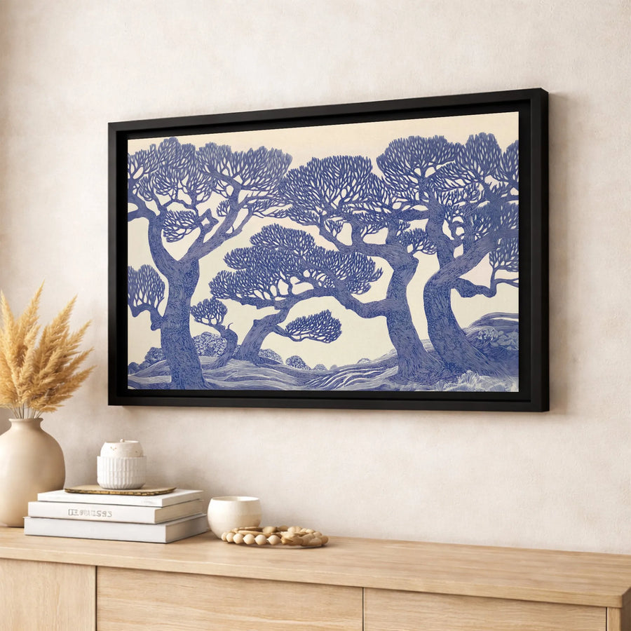 Blue Tree Landscape Canvas Art | Modern Woodblock Style Forest Print | Premium Fade-Resistant Gallery Wrap | Minimalist Nature Decor for Living Room