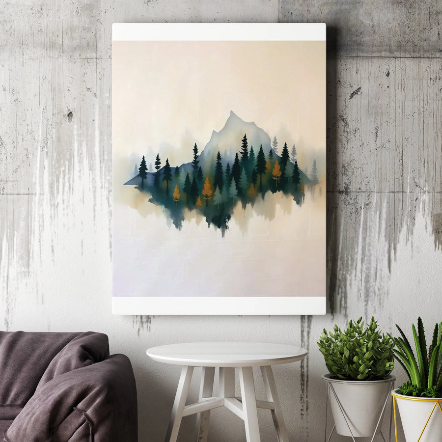 Misty Mountain Wall Art | Watercolor Pine Forest Reflection Canvas | Premium Gallery Wrap Print | Modern Landscape Home Decor Gift