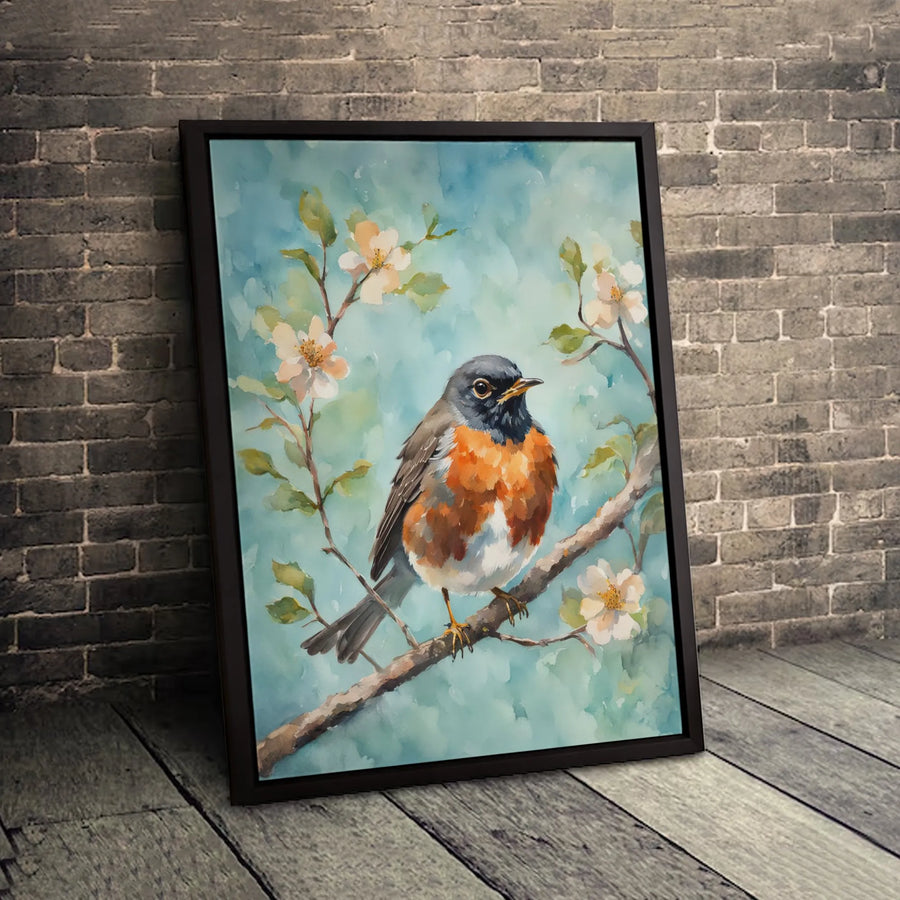American Robin Canvas Wall Art | Watercolor Spring Bird Portrait | Gallery-Wrapped Premium Print | Nature Home Decor Gift for Bird Lovers
