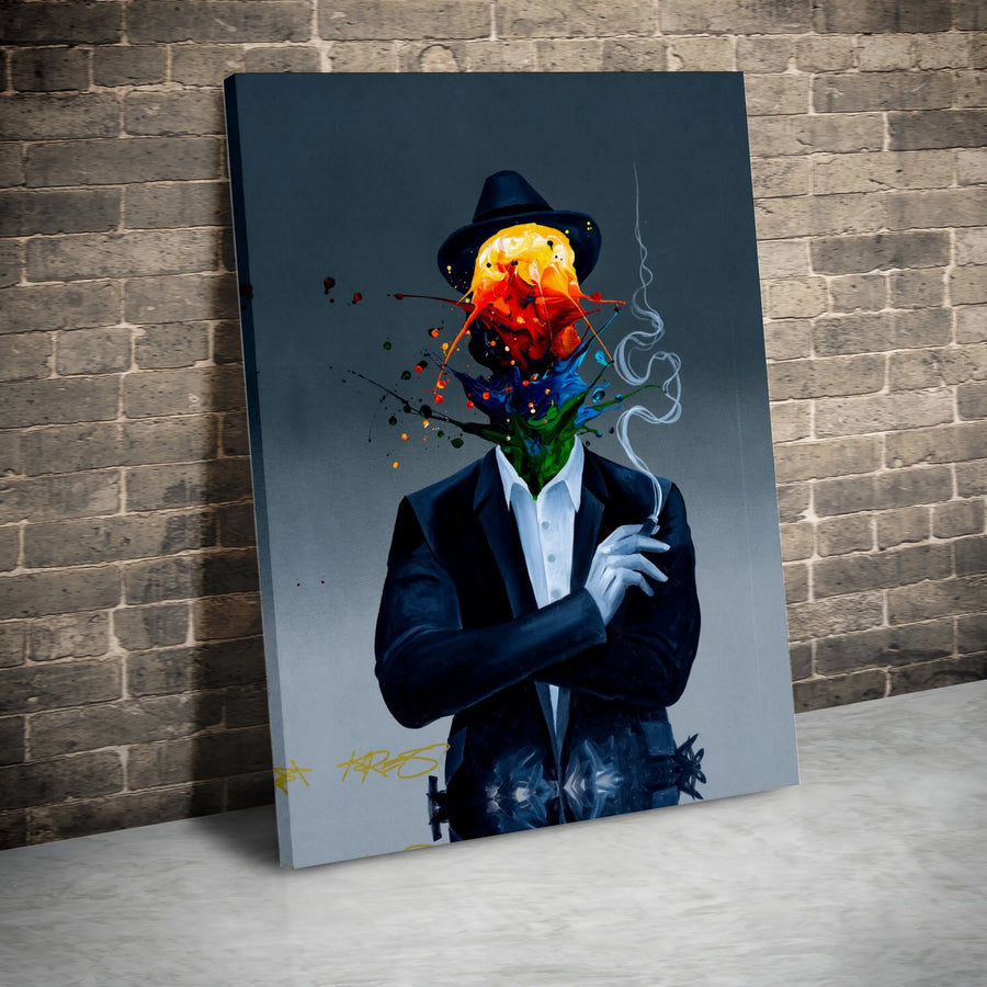 Abstract Man In Suit Canvas Print | Colorful Paint Splash Fedora Design | Premium 1.25" Gallery Wrap | Modern Office Decor Wall Art