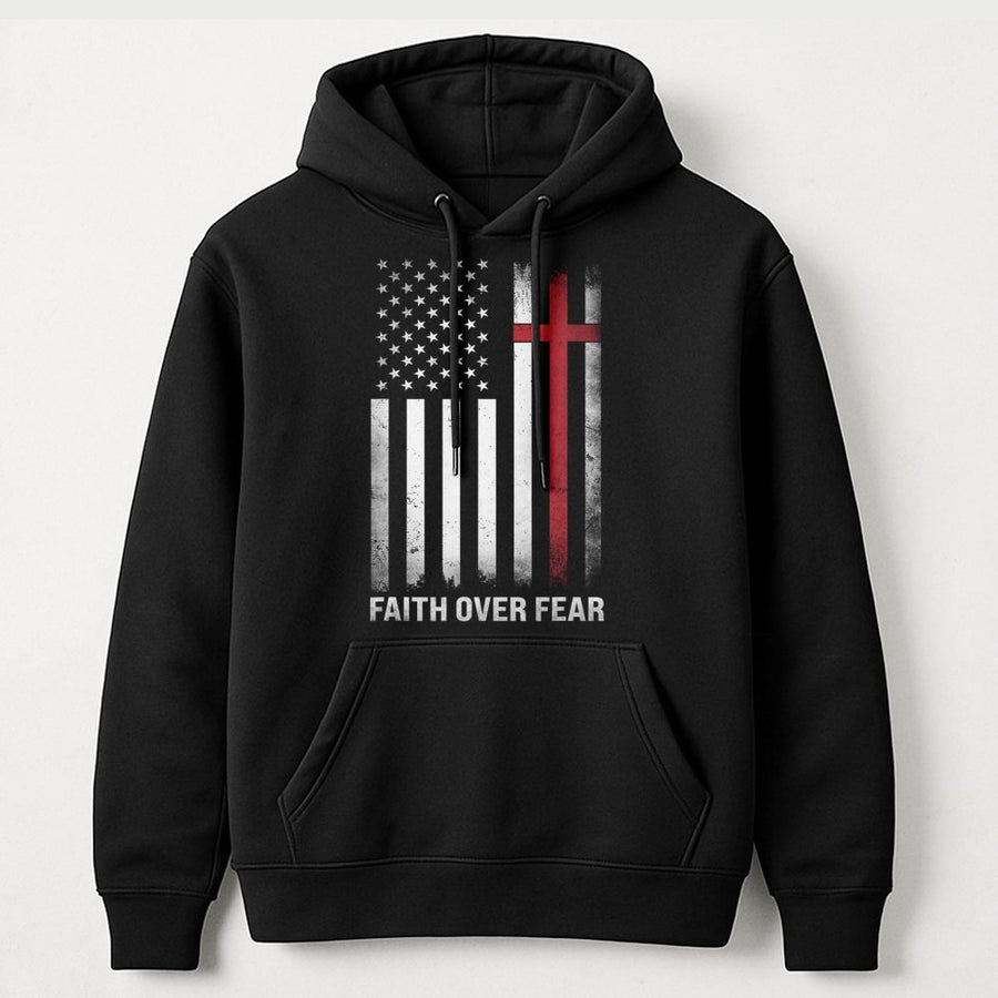 Faith Over Fear Hoodie | American Flag Cross Graphic | Premium Cotton Blend | Christian Patriotic Gift for Men and Women